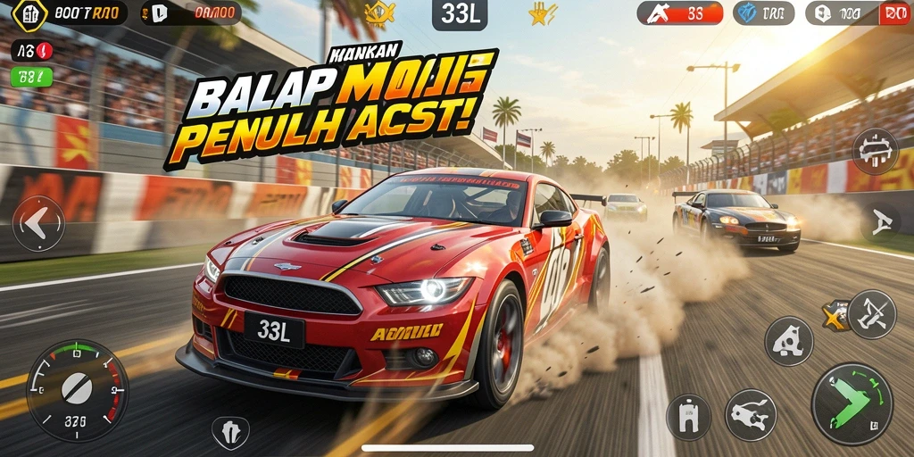 Screenshot menampilkan aksi balap mobil yang mendebarkan.