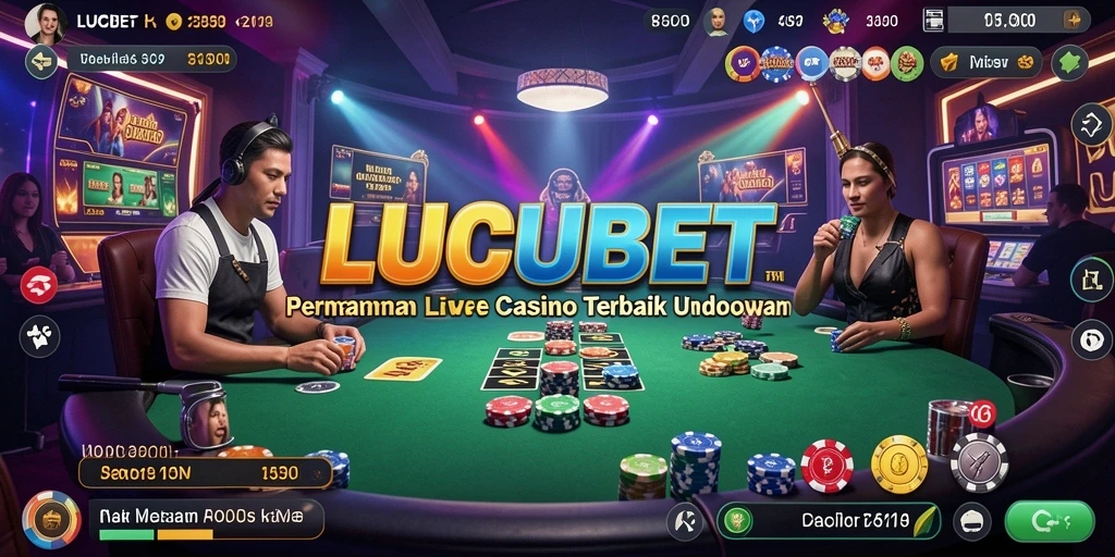Screenshot LUCUBET menunjukkan dealer langsung dan suasana kasino yang mendebarkan.