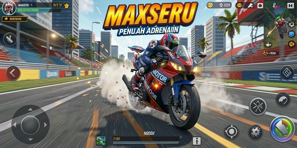 Tampilan gameplay mendebarkan balapan motor dalam MAXSERU.