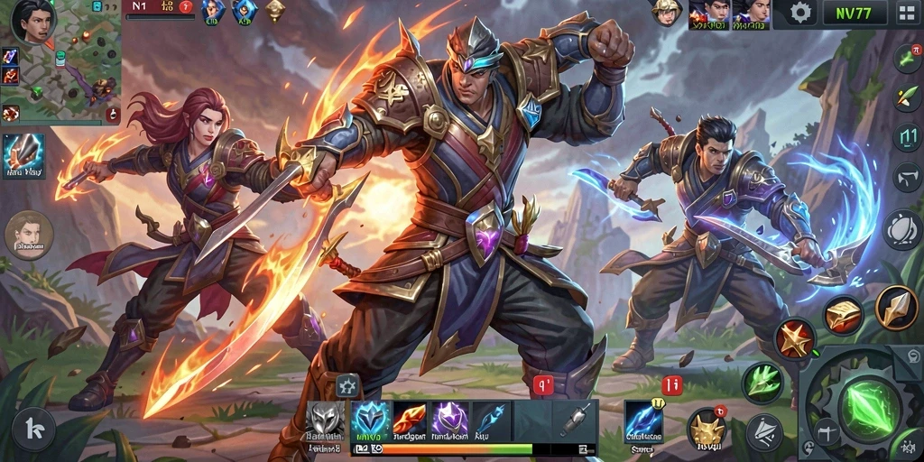 Screenshot gameplay NV77 dengan aksi MOBA yang intens.